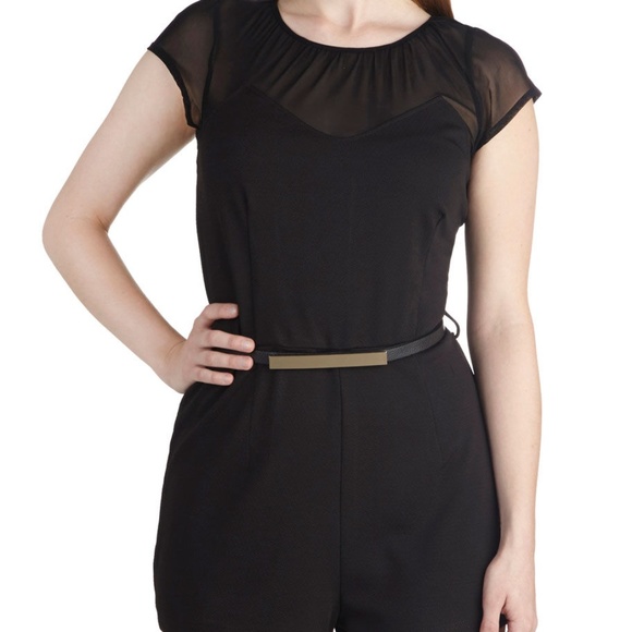 Modcloth Black Mesh Neck Romper with Belt - Picture 1 of 5